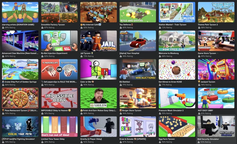 Grid of popular games available on the Roblox platform