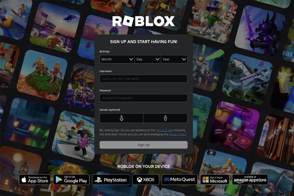 Roblox account registration page