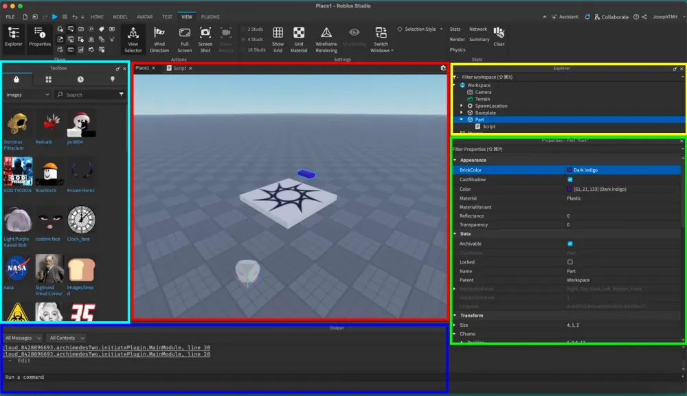 Roblox Studio editor window with its main panels labeled